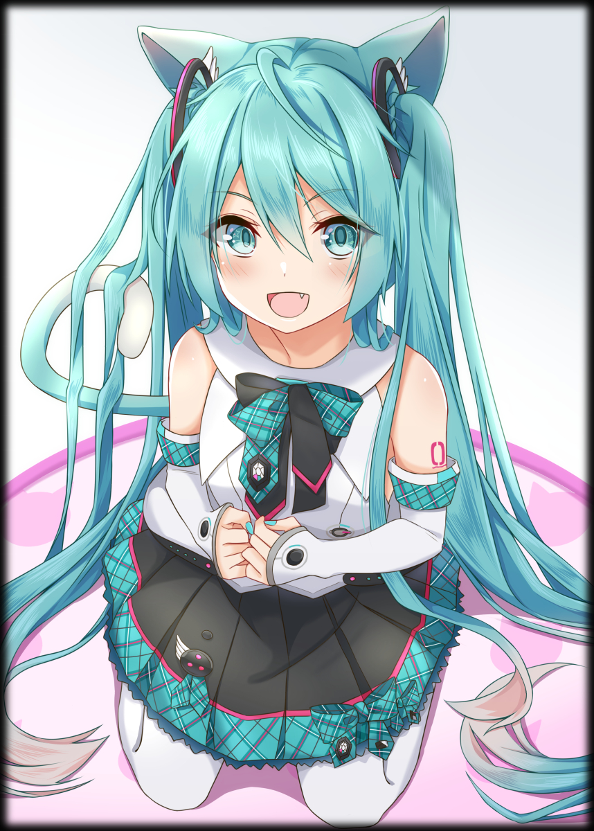 1girl animal_ears animal_print aqua_eyes aqua_hair bare_shoulders black_skirt cat_day cat_ears cat_print cat_tail commentary detached_sleeves divergenceok fang from_above hair_ornament hands_together hatsune_miku highres long_hair looking_at_viewer magical_mirai_(vocaloid) open_mouth plaid plaid_skirt pleated_skirt seiza shirt shoulder_tattoo sitting skirt smile solo tail tattoo twintails very_long_hair vocaloid white_legwear white_shirt white_sleeves