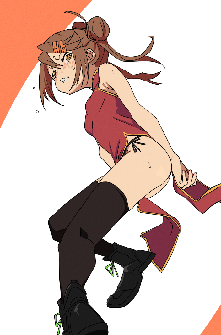 1girl bent_over black_skirt boots brown_eyes brown_hair china_dress chinese_clothes cross-laced_footwear dress fu-ta hair_between_eyes hair_ornament hairclip lace-up_boots original shoes skirt solo teeth thigh-highs thighs usami_taiga