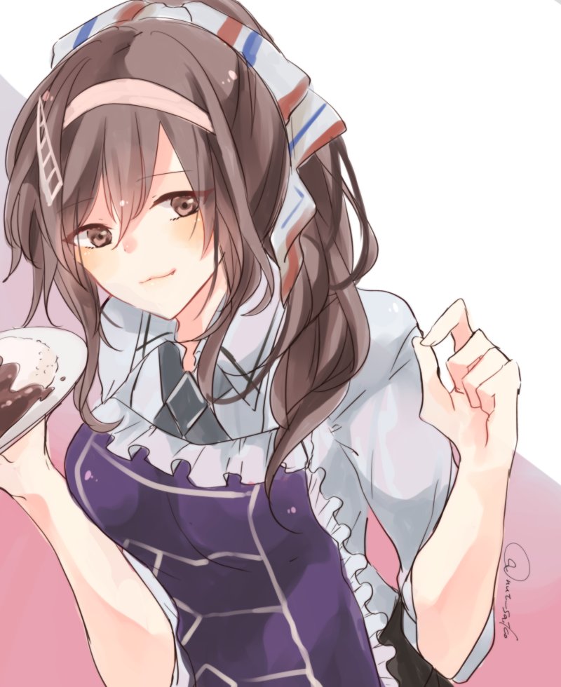 1girl alternate_hairstyle ashigara_(kantai_collection) black_ribbon brown_eyes brown_hair curry food hairband holding holding_plate kantai_collection long_hair looking_at_viewer neck_ribbon plate ponytail purple_apron ribbon saiko_(saisaka) shirt smile solo twitter_username upper_body white_hairband white_shirt