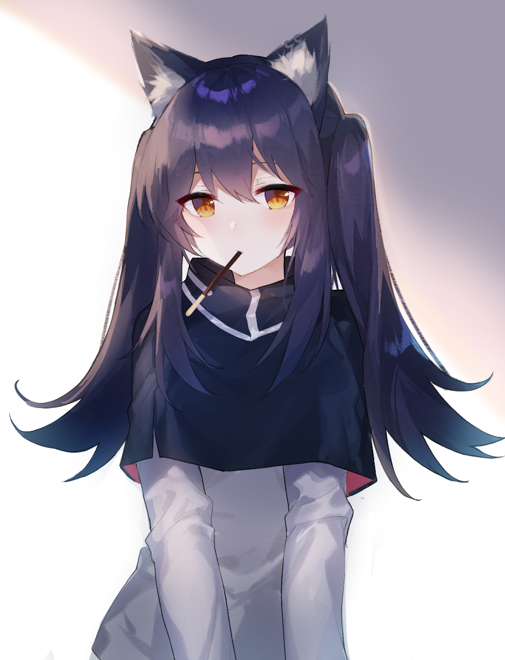 1girl alternate_hairstyle animal_ear_fluff animal_ears arknights bangs black_capelet black_hair blush brown_eyes capelet commentary food food_in_mouth grey_jacket hair_between_eyes highres jacket long_hair long_sleeves looking_at_viewer mouth_hold pocky sidelocks solo symbol_commentary texas_(arknights) twintails upper_body white_background wolf_ears youlitang