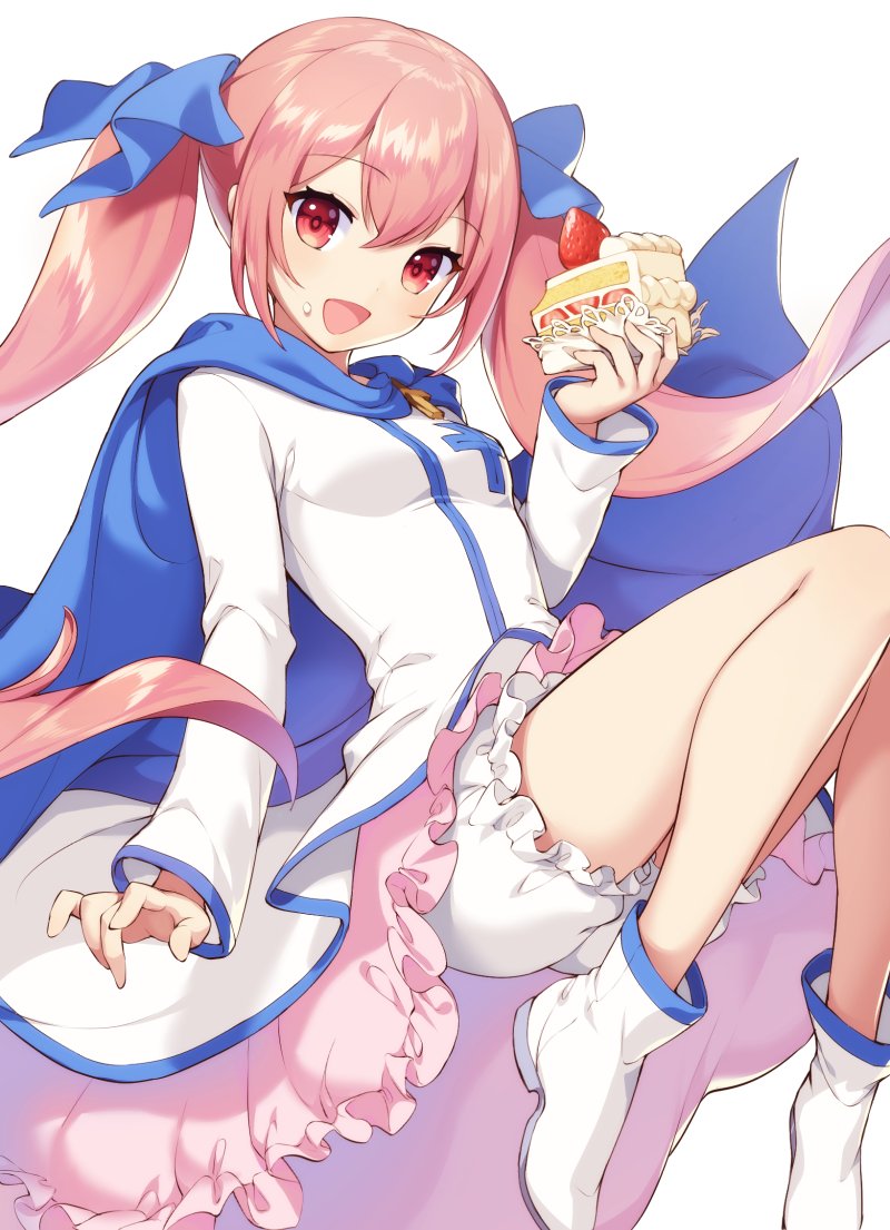 1girl bangs bare_legs blue_cape blue_ribbon breasts brown_hair cake cape commentary_request copyright_request eyebrows_visible_through_hair food frills gomashio_ponz holding holding_food long_hair long_sleeves looking_at_viewer open_mouth red_eyes ribbon shoes simple_background small_breasts smile solo twintails white_background white_footwear