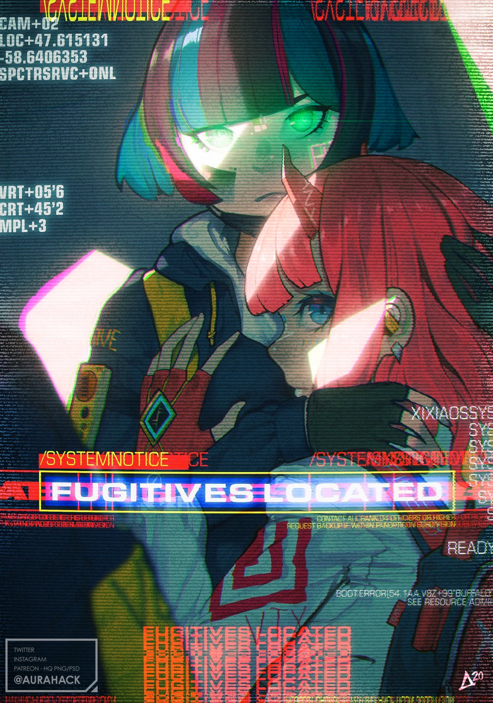 aurahack bangs black_hair blue_eyes blue_eyeshadow blue_hair blunt_bangs close-up commentary cyberpunk distortion english_commentary english_text eyeshadow facial_mark fingerless_gloves glitch gloves green_eyes highres hood hood_down horns hug looking_at_viewer makeup multicolored_hair original pink_hair scanlines streaked_hair