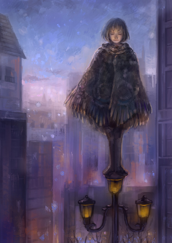 1girl blue_sky bob_cut brown_hair building city cloak closed_eyes closed_mouth kageco lamppost original outdoors sky smile solo standing