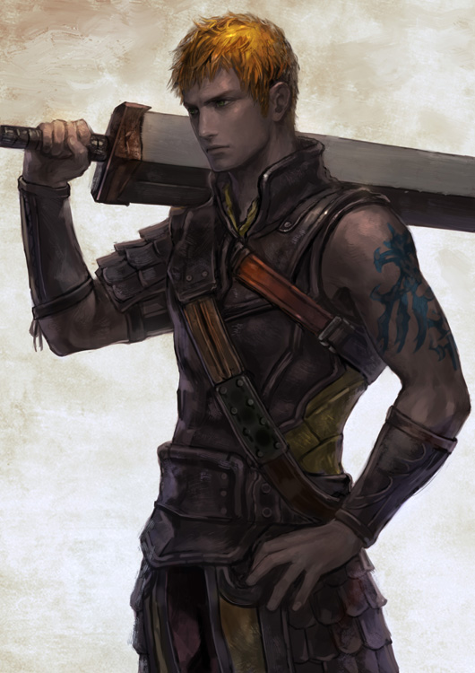 1boy arm_tattoo armor bare_shoulders blue_eyes closed_mouth fingernails hand_on_hip holding holding_sword holding_weapon kageco orange_hair original over_shoulder pauldrons solo sword tattoo vambraces weapon weapon_over_shoulder