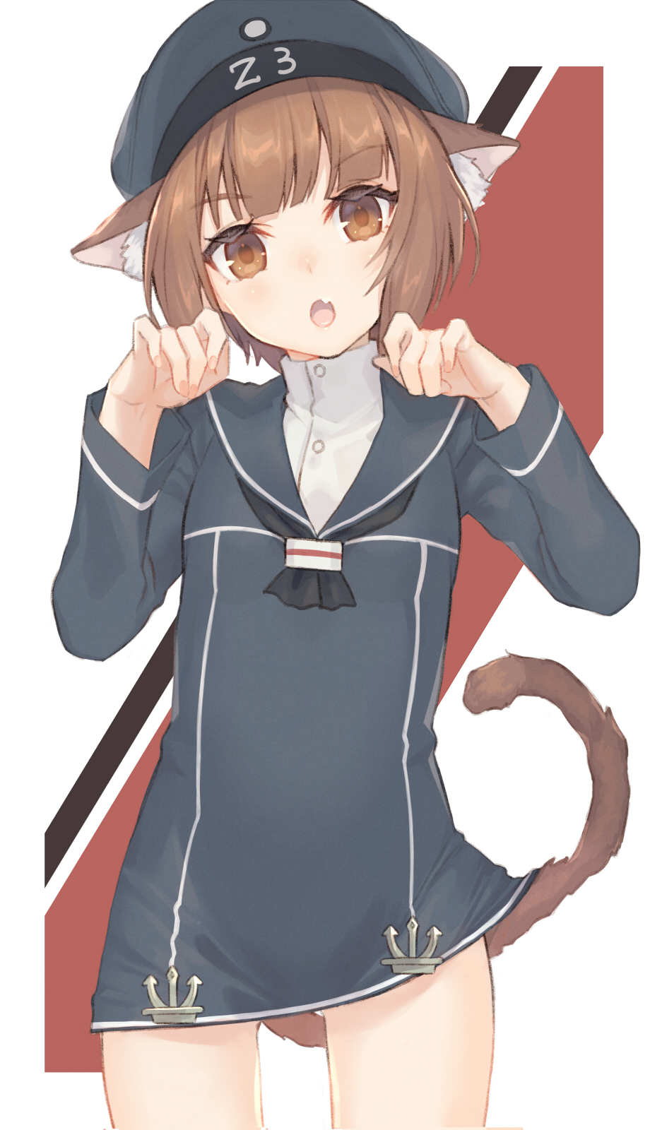 1girl animal_ears brown_eyes brown_hair cat_ears cat_tail clothes_writing dress fang gi_(melmail) hat highres kantai_collection kriegsmarine paw_pose sailor_dress sailor_hat short_hair tail z3_max_schultz_(kantai_collection)