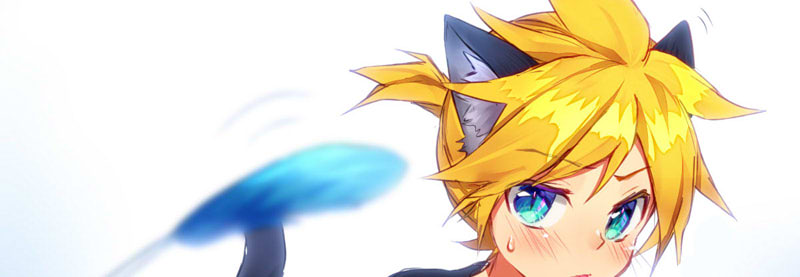 1boy animal_ears blonde_hair blue_eyes blush cat_day cat_ears cat_teaser commentary_request kagamine_len looking_at_object male_focus nyaumineko raised_eyebrow short_ponytail spiky_hair sweat vocaloid white_background