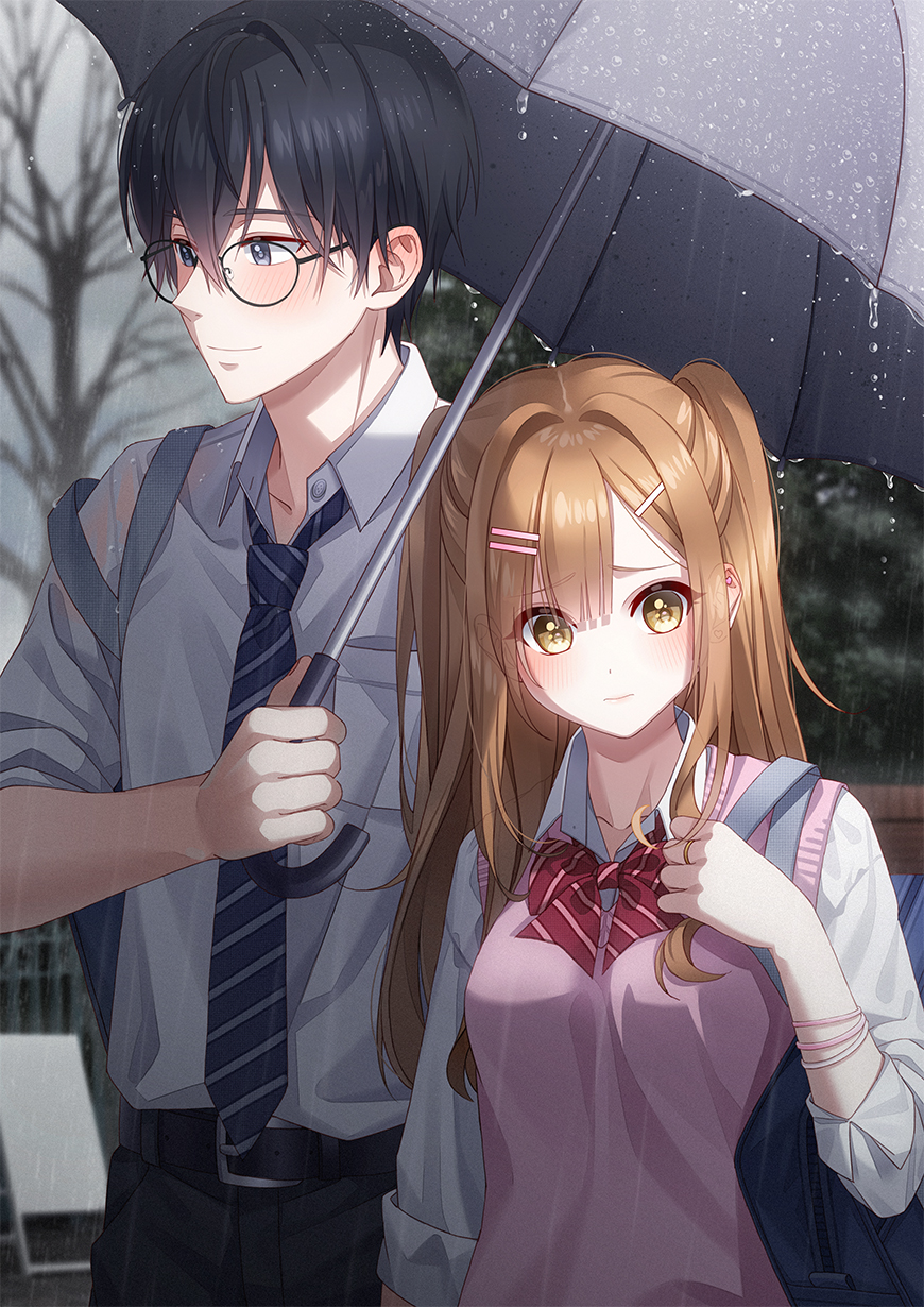 1boy 1girl bag black_hair bow bowtie bracelet brown_hair glasses hair_ornament hairclip highres holding holding_umbrella je35353577 jewelry long_hair looking_at_viewer looking_to_the_side necktie original pink_vest rain school_bag school_uniform shirt two_side_up umbrella vest white_shirt yellow_eyes