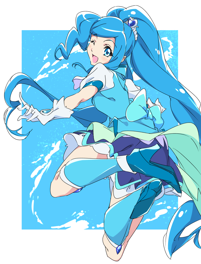 1girl ;d back_bow blue_background blue_bow blue_eyes blue_footwear blue_hair blue_legwear blue_skirt blue_theme blue_vest bow cure_fontaine full_body gloves hair_ornament healin'_good_precure heart heart_hair_ornament jumping kneehighs long_hair looking_at_viewer looking_back magical_girl one_eye_closed open_mouth ponytail precure sawaizumi_chiyu shoes skirt smile solo umanosuke vest white_gloves