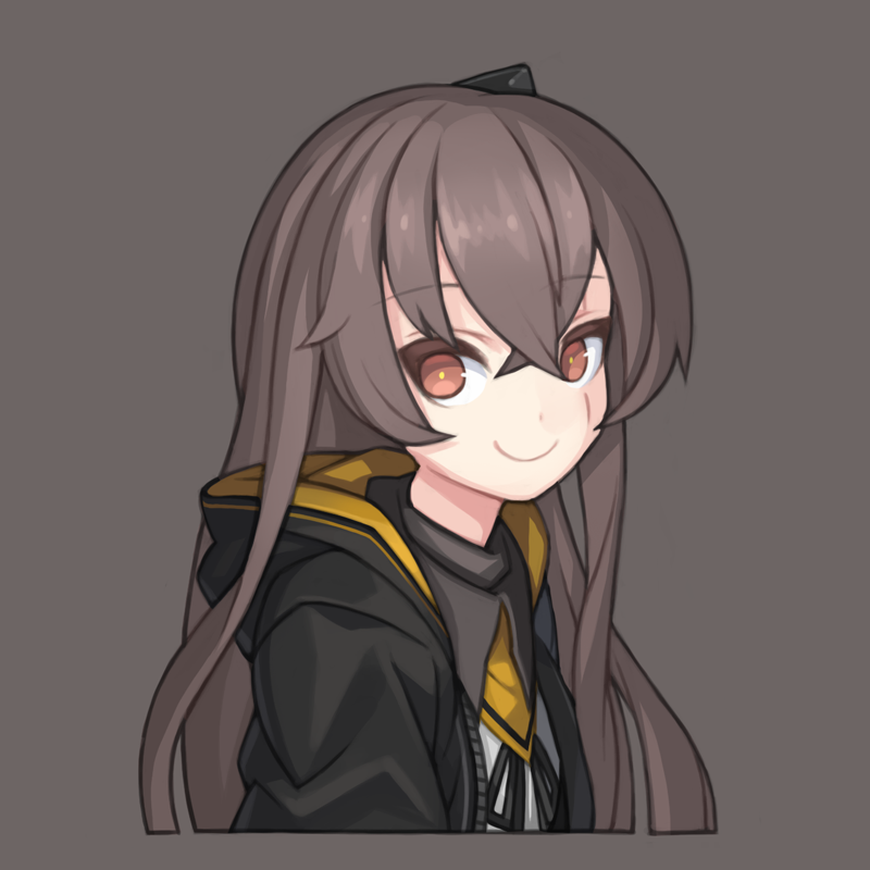 1girl bangs black_hoodie black_jacket brown_eyes brown_hair cropped_torso girls_frontline grey_background hair_ornament hood hoodie jacket long_hair looking_at_viewer ran_system ribbon scar scar_across_eye shirt sidelocks simple_background smile solo ump45_(girls_frontline) upper_body white_shirt