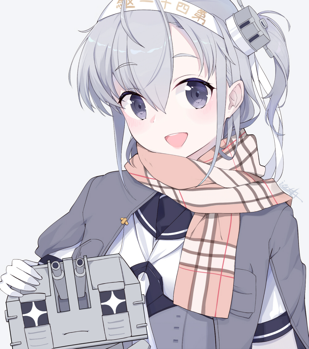 +_+ 1girl :d bodysuit cape chou-10cm-hou-chan_(suzutsuki's) clothes_writing eyebrows_visible_through_hair grey_cape hachimaki hair_between_eyes headband ieufg kantai_collection long_hair looking_at_viewer one_side_up open_mouth sailor_collar scarf school_uniform serafuku silver_hair simple_background smile suzutsuki_(kantai_collection) violet_eyes white_background white_bodysuit