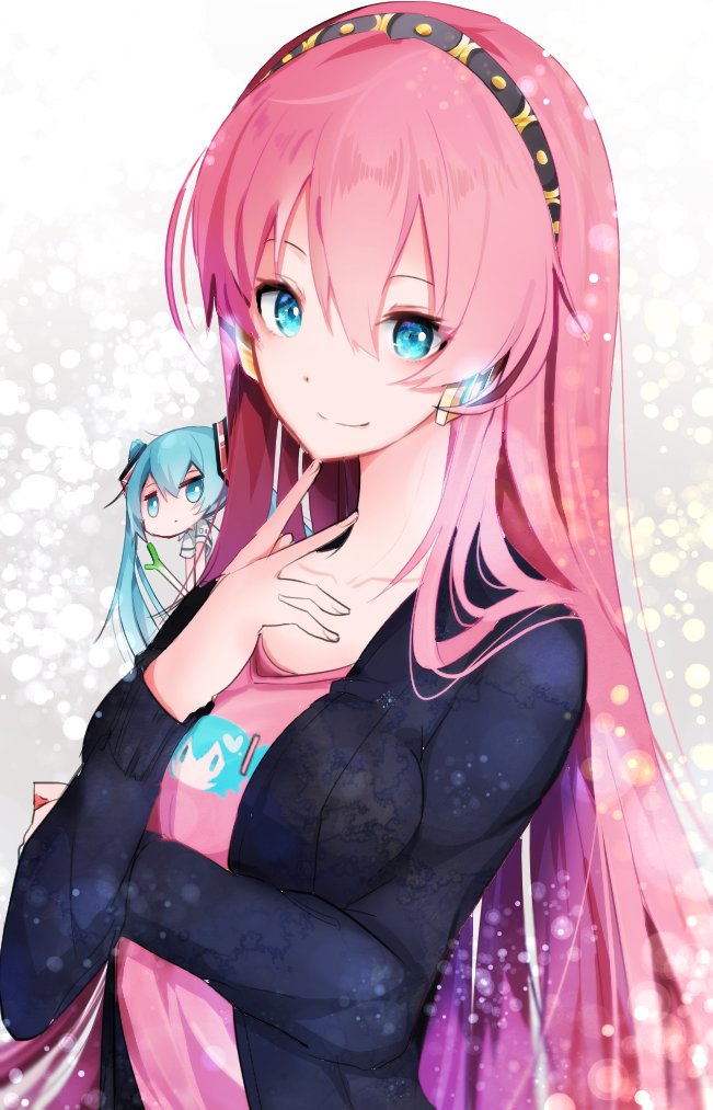 2girls aqua_eyes aqua_hair black_jacket blue_eyes collarbone commentary expressionless finger_to_chin glowing hair_ornament hairband hatsune_miku headphones holding_spring_onion jacket long_hair looking_at_viewer megurine_luka minigirl multiple_girls on_shoulder pink_hair pink_shirt shirt short_sleeves smile spring_onion twintails upper_body very_long_hair vocaloid wanaxtuco white_shirt