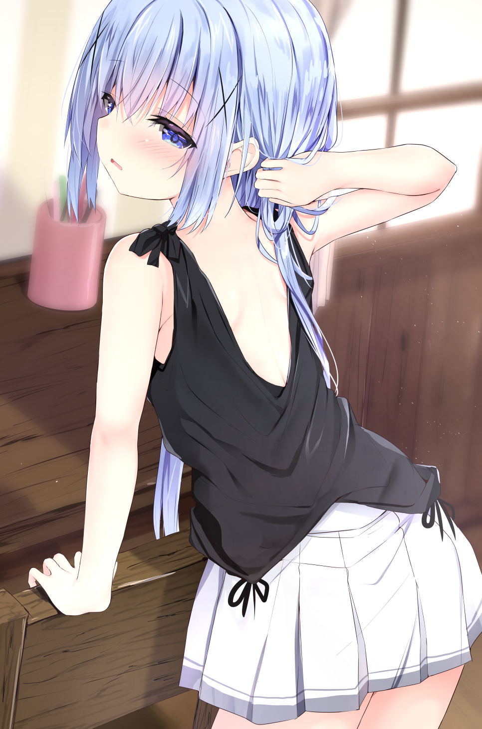 1girl arm_support backless_outfit bangs bare_arms bare_shoulders black_shirt blue_eyes blue_hair blurry blurry_background blush chair commentary_request depth_of_field eyebrows_visible_through_hair gochuumon_wa_usagi_desu_ka? hair_between_eyes hair_ornament highres indoors kafuu_chino kouda_suzu long_hair looking_at_viewer looking_back parted_lips pleated_skirt shirt skirt sleeveless sleeveless_shirt solo very_long_hair white_skirt window x_hair_ornament