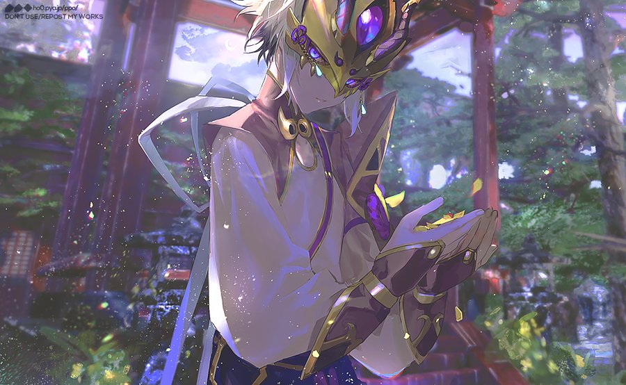 1boy akira_hou chinese_clothes cupping_hands fate/grand_order fate_(series) gao_changgong_(fate) grey_hair hair_between_eyes horned_mask light_particles male_focus mask masked petals silver_hair solo upper_body violet_eyes