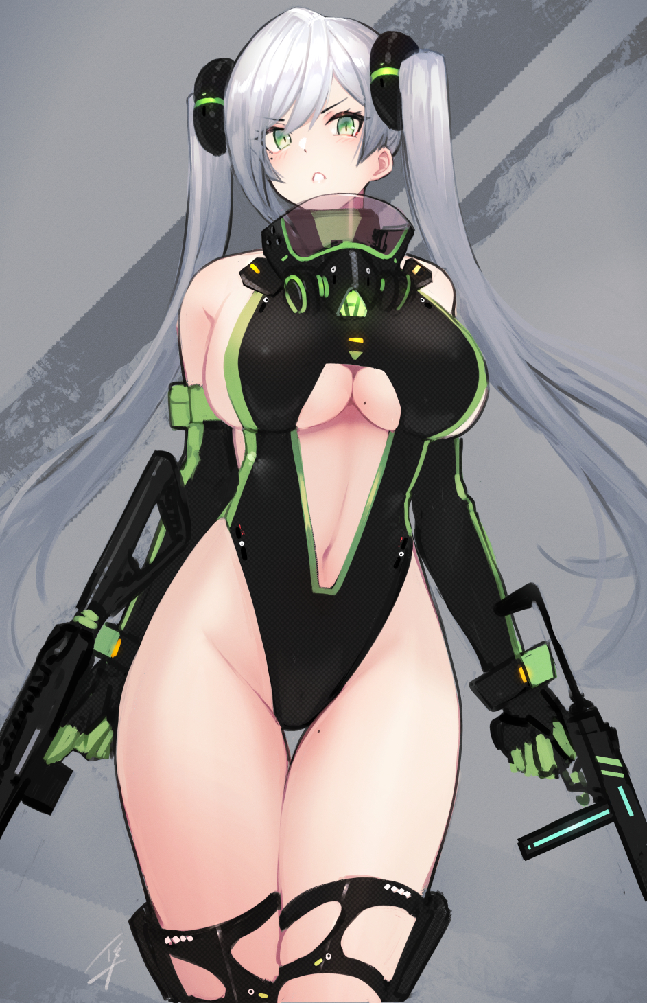 1girl bangs bare_shoulders black_leotard blush breasts center_opening dual_wielding gas_mask green_eyes gun hair_ornament hayabusa highleg highleg_leotard highres holding holding_gun holding_weapon large_breasts leotard long_hair looking_at_viewer mole mole_on_breast mole_under_eye navel original parted_lips sidelocks silver_hair thigh_strap thighs twintails very_long_hair weapon