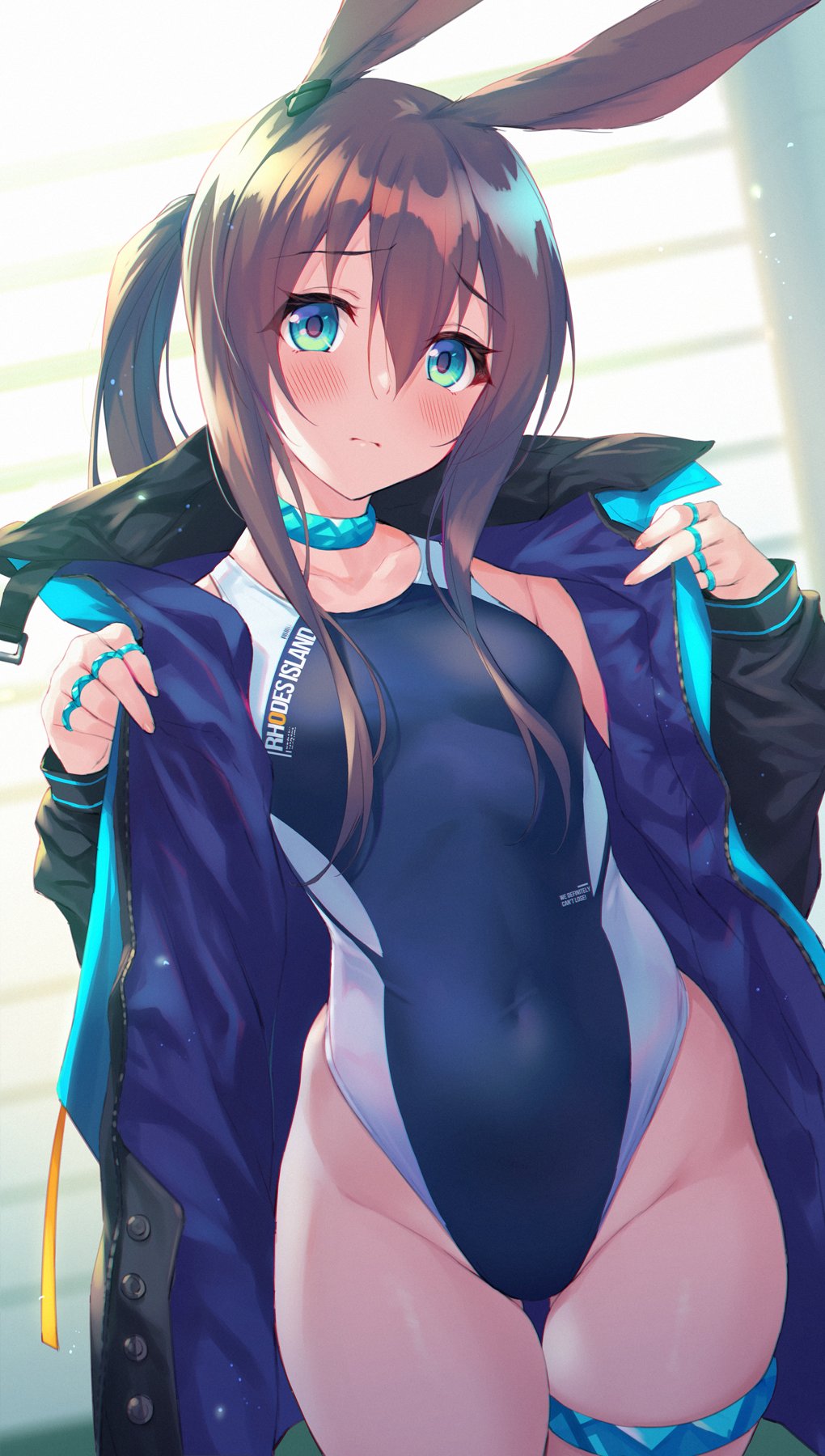 1girl amiya_(arknights) animal_ears arknights bangs black_jacket blue_eyes blue_swimsuit blush breasts brown_hair clothes_writing competition_swimsuit eyebrows_visible_through_hair fukai_ryousuke hair_between_eyes highleg highleg_swimsuit highres indoors jacket jewelry long_hair long_sleeves looking_at_viewer multiple_rings neck_ring one-piece_swimsuit open_clothes open_jacket ponytail rabbit_ears ring sidelocks small_breasts solo swimsuit thigh_strap