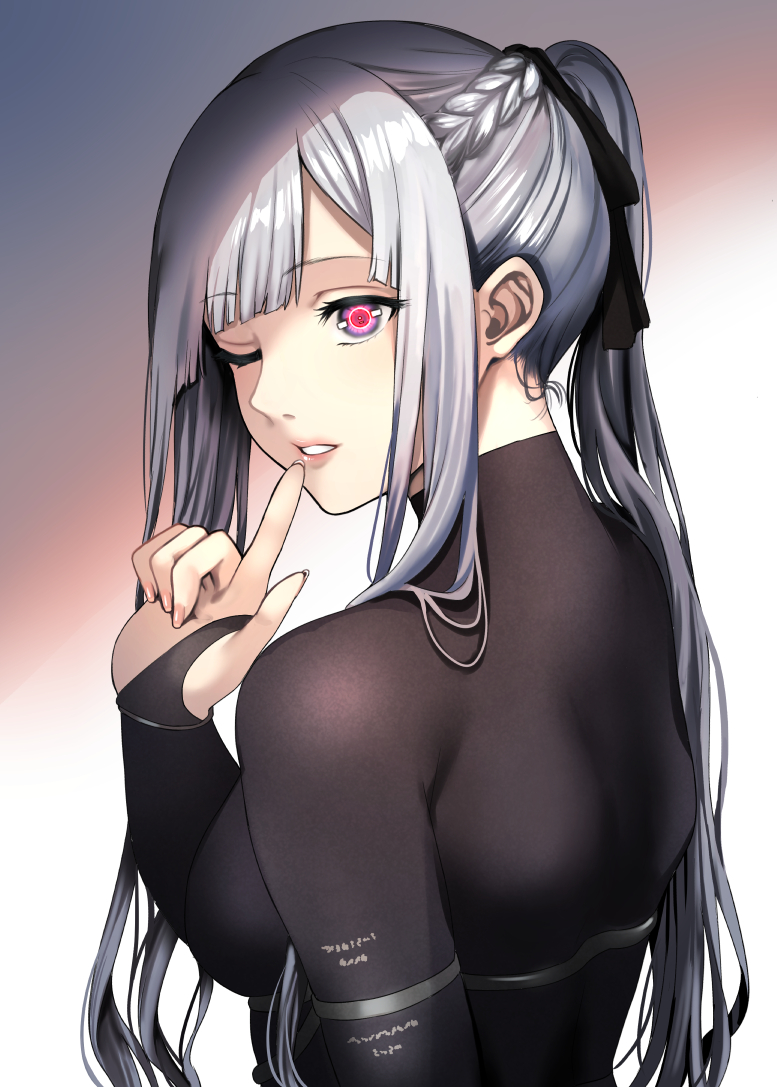 1girl ak-12_(girls_frontline) bodysuit bow girls_frontline hair_bow long_hair looking_at_viewer one_eye_closed open_mouth red_eyes rin_(028ilc) silver_hair simple_background solo tagme