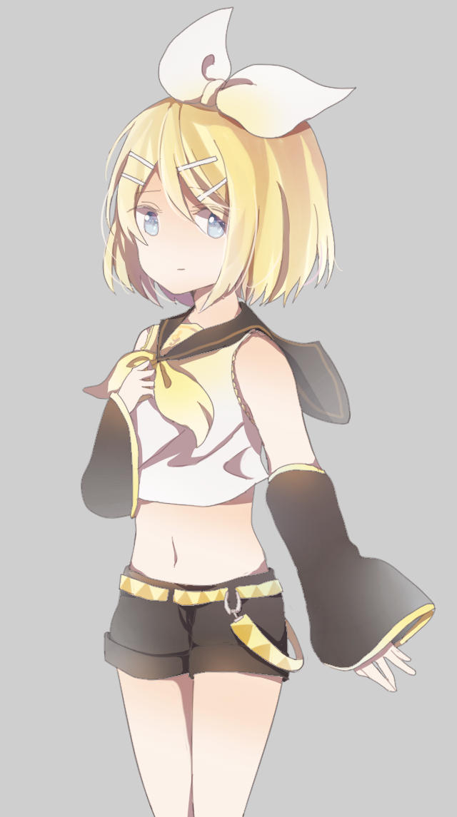 1girl bangs bare_shoulders belt black_collar blonde_hair blue_eyes bow collar commentary cowboy_shot crop_top detached_sleeves grey_background grey_shorts grey_sleeves hair_bow hair_ornament hairclip hand_on_own_chest horrororange918 kagamine_rin light_smile looking_at_viewer midriff navel neckerchief sailor_collar school_uniform shirt short_hair short_shorts shorts solo standing swept_bangs vocaloid white_bow white_shirt yellow_neckwear