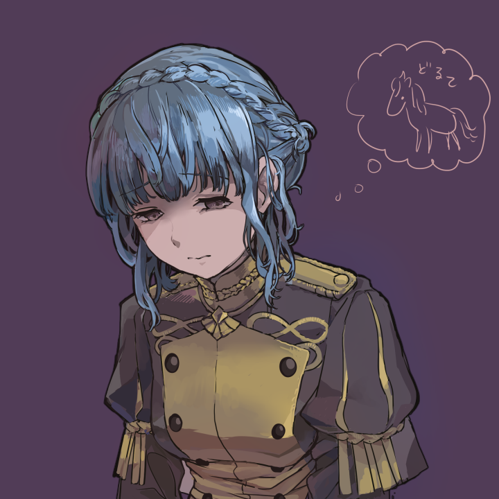 1girl animal blue_hair braid brown_eyes closed_mouth crown_braid depressed epaulettes fire_emblem fire_emblem:_three_houses fire_emblem:_three_houses fire_emblem_16 garreg_mach_monastery_uniform horse human intelligent_systems mammal marianne_von_edmund nintendo pirihiba purple_background sad simple_background solo uniform upper_body