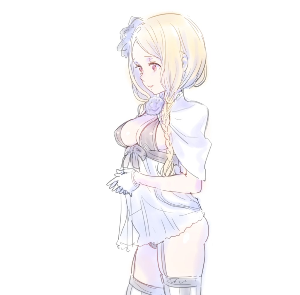 1girl black_bra black_panties blonde_hair bra braid breasts capelet closed_mouth contrapposto cowboy_shot from_side garter_straps gloves hair_ornament interlocked_fingers lingerie long_hair medium_breasts nagisa_kurousagi nightgown original own_hands_together panties side_braid simple_background solo standing thigh-highs underwear white_background white_capelet white_gloves