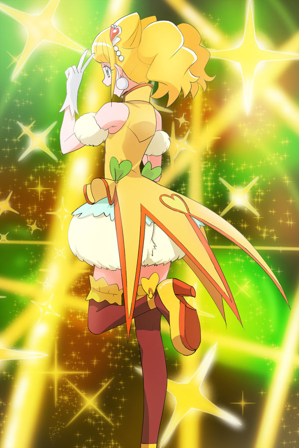 1girl blonde_hair brown_legwear bubble_skirt cure_sparkle earrings from_behind gloves green_eyes haruyama_kazunori healin'_good_precure hiramitsu_hinata jewelry magical_girl open_mouth pom_pom_earrings precure short_hair skirt smile solo sparkle_background standing standing_on_one_leg thigh-highs twintails v white_gloves