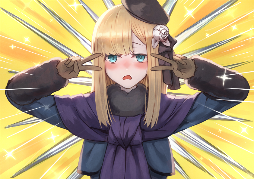1girl bangs black_headwear blonde_hair blue_eyes blue_jacket blue_scarf blush breasts brown_gloves double_v emotional_engine_-_full_drive fate/grand_order fate_(series) flower fur_collar gloves gomashiwo_o gray_(lord_el-melloi_ii) grey_flower hands_up jacket long_hair long_sleeves looking_at_viewer lord_el-melloi_ii_case_files open_mouth parody reines_el-melloi_archisorte rose scarf small_breasts solo sparkle tilted_headwear v volumen_hydragyrum white_flower white_rose yellow_background