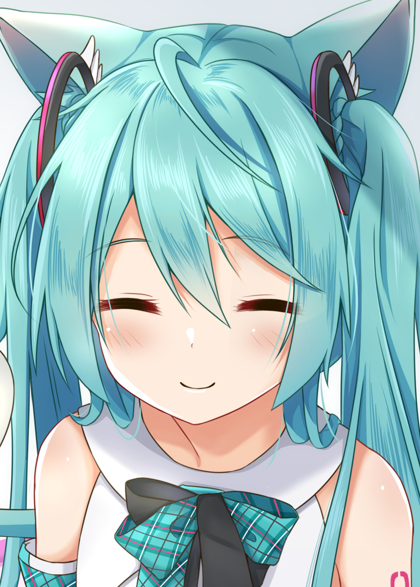 1girl =_= animal_ears aqua_hair bare_shoulders black_ribbon blush cat_day cat_ears cat_tail close-up closed_eyes detached_sleeves divergenceok hair_ornament hatsune_miku highres long_hair neck_ribbon plaid plaid_ribbon plaid_sleeves ribbon shoulder_tattoo smile tail tattoo twintails vocaloid