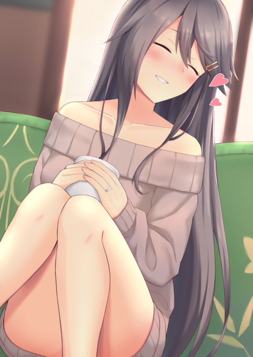 1girl akahi242 alternate_costume bare_shoulders blush brown_eyes brown_sweater convenient_leg couch cup facing_to_the_side feet_out_of_frame grey_hair hair_ornament hairclip haruna_(kantai_collection) highres holding holding_cup jewelry kantai_collection long_hair off-shoulder_sweater off_shoulder ring sitting smile solo sweater wedding_band