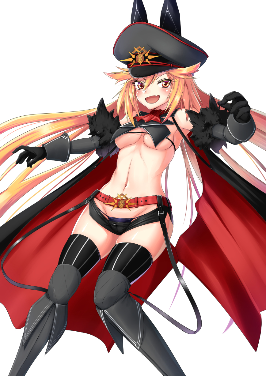 0625a 1girl :d armpits bare_shoulders belt black_gloves black_headwear black_legwear black_panties blonde_hair boots breast_curtains breasts cape detached_sleeves fang fur_trim gloves hair_between_eyes hair_flaps hat highres himitsu_kessha_schwarzschild long_hair looking_at_viewer medium_breasts micro_shorts navel no_bra open_mouth orange_eyes outstretched_arms panties peaked_cap red_neckwear revealing_clothes shorts simple_background skindentation sleeveless smile solo stomach striped striped_legwear thigh-highs thigh_boots toudou_chloe under_boob underwear v-shaped_eyebrows virtual_youtuber white_background