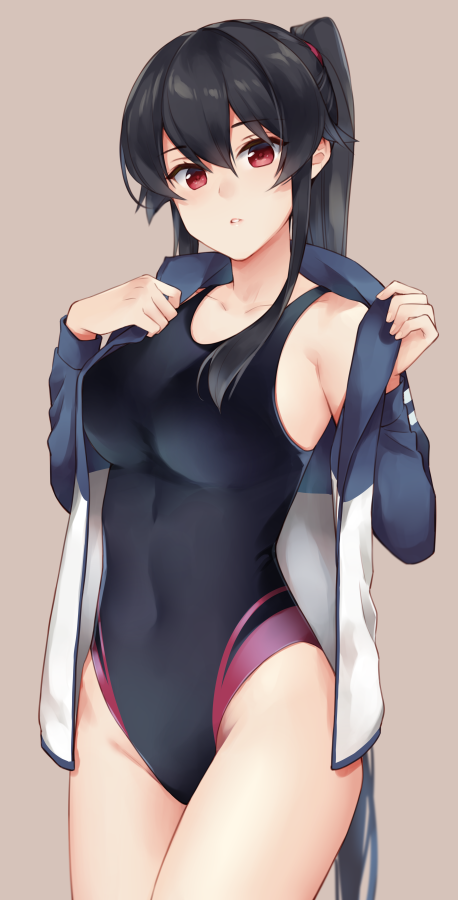1girl alternate_costume bangs black_hair blush breasts collarbone competition_swimsuit covered_navel cowboy_shot eyebrows_visible_through_hair groin highleg highleg_swimsuit ichinomiya_(blantte) jacket kantai_collection large_breasts long_hair long_sleeves looking_at_viewer one-piece_swimsuit open_clothes open_jacket parted_lips ponytail red_eyes sidelocks simple_background solo swimsuit swimsuit_under_clothes thighs yahagi_(kantai_collection)