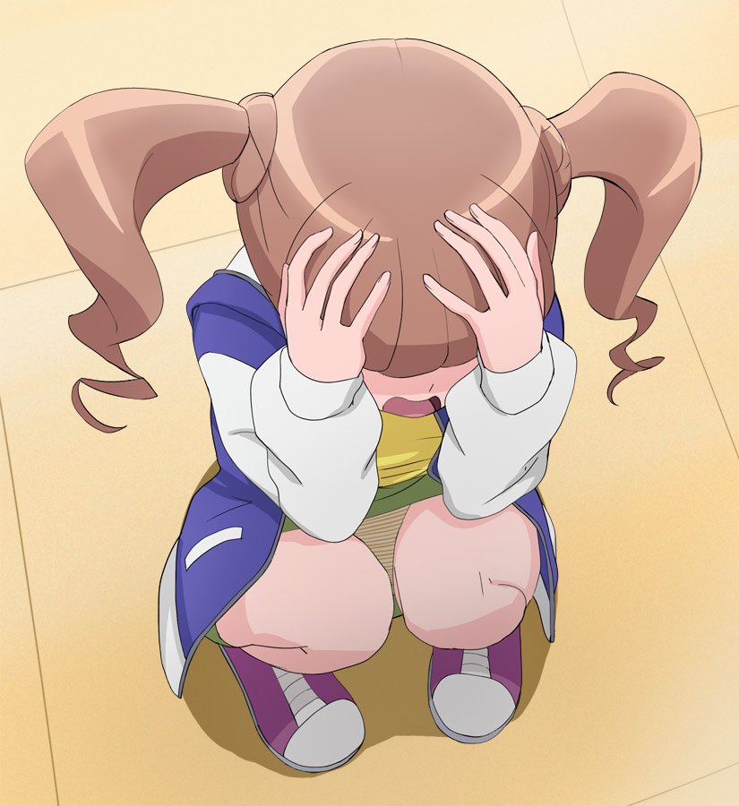 1girl blue_jacket brown_hair from_above full_body hands_on_own_head haruyama_kazunori healin'_good_precure hiramitsu_hinata jacket long_sleeves open_mouth panties precure shoes short_hair solo squatting striped striped_panties twintails underwear