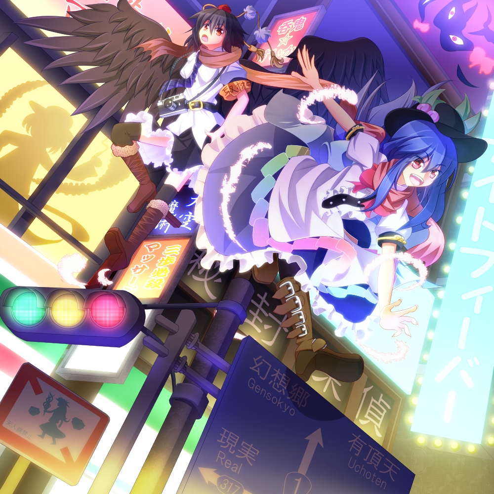 3girls armband belt belt_boots black_hair black_headwear black_legwear black_skirt black_wings blue_skirt boots brown_footwear camera city city_lights feathered_wings frilled_skirt frills fur-trimmed_boots fur_trim geta hat high_heel_boots high_heels hinanawi_tenshi knee_boots multiple_girls nagae_iku nagatsuki_denjirou pom_pom_(clothes) road_sign scarf shameimaru_aya shirt short_hair sign silhouette skirt tengu-geta thighhighs_under_boots tokin_hat touhou traffic_light urban white_shirt wings