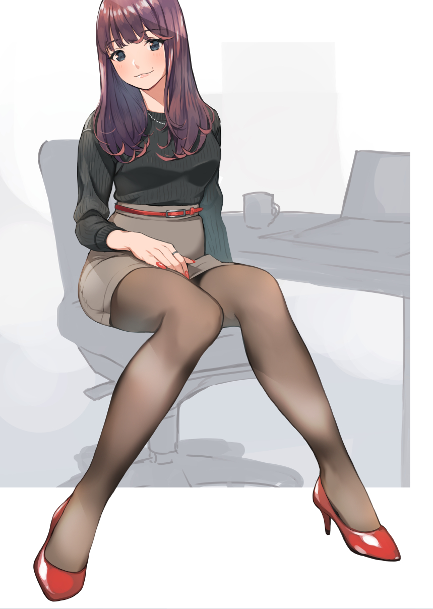 1girl blue_eyes brown_hair brown_legwear chair commentary_request computer doushimasho green_sweater high_heels highres laptop long_hair looking_at_viewer mole_above_mouth nail_polish office_lady original outside_border pantyhose pencil_skirt red_nails ribbed_sweater sitting skirt solo sweater