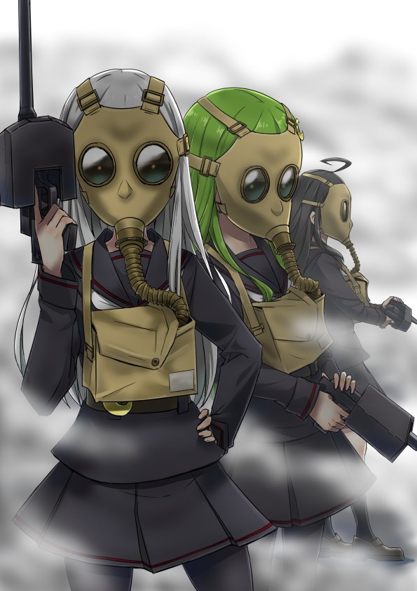 3girls ahoge bangs black_hair black_legwear black_sailor_collar black_serafuku black_skirt gas_mask green_hair grey_hair hand_on_hip holding kantai_collection kikuzuki_(kantai_collection) kneehighs long_hair long_sleeves mask mikazuki_(kantai_collection) multiple_girls nagatsuki_(kantai_collection) pantyhose pleated_skirt sailor_collar school_uniform serafuku skirt smoke white_neckwear yohei_(pizzadev)