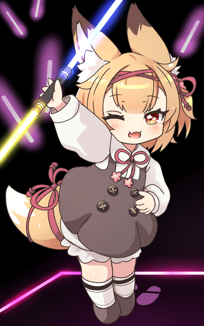 1girl ;d animal_ear_fluff animal_ears bangs beat_saber black_background blush brown_dress brown_eyes brown_footwear brown_hair chibi collared_shirt dress energy_sword eyebrows_visible_through_hair fang fox_ears fox_girl fox_tail glowing gudon_(iukhzl) holding holding_weapon kneehighs koume_(beat_saber) lightsaber long_sleeves looking_at_viewer neck_ribbon one_eye_closed open_mouth outstretched_arm puffy_long_sleeves puffy_sleeves red_ribbon ribbon shirt shoes sleeveless sleeveless_dress smile solo standing star star_in_eye sword symbol_in_eye tail weapon white_legwear white_shirt