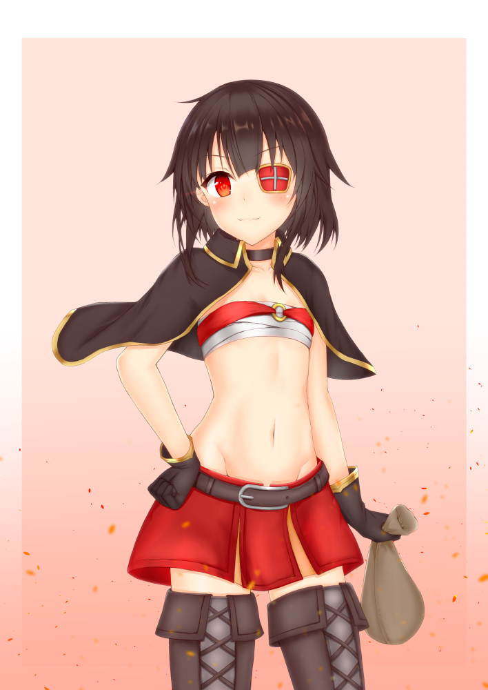 1girl alternate_costume belt black_belt black_capelet black_choker black_gloves black_legwear blush boots breasts capelet choker collarbone commentary_request eyepatch gloves holding kono_subarashii_sekai_ni_shukufuku_wo! kuronuketaiyo looking_at_viewer megumin miniskirt navel red_eyes red_skirt skirt small_breasts smile solo stomach thigh-highs thigh_boots