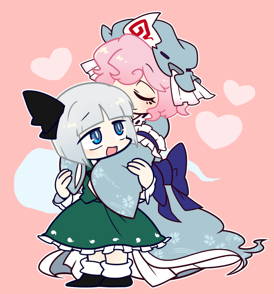 2girls black_footwear black_neckwear black_ribbon blue_eyes blue_headwear blue_kimono closed_eyes frilled_skirt frills full_body green_skirt green_vest grey_hair hair_ribbon harunori_(hrnrx) hat heart hug hug_from_behind japanese_clothes kimono konpaku_youmu konpaku_youmu_(ghost) long_sleeves mob_cap multiple_girls open_mouth pink_background pink_hair ribbon saigyouji_yuyuko shirt shoes short_hair skirt sleeves_past_fingers sleeves_past_wrists smile socks touhou triangular_headpiece vest white_legwear white_shirt