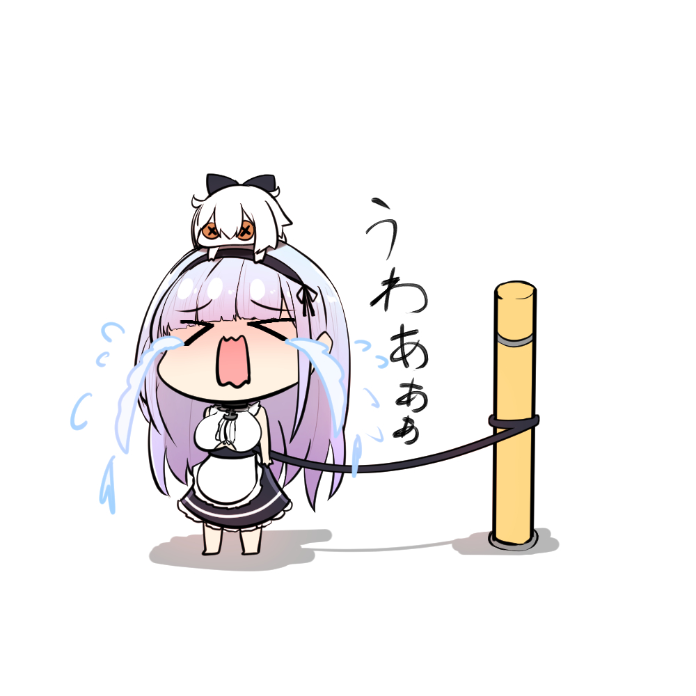 &gt;_&lt; 1girl akakiryu2m anchor_choker apron azur_lane bangs black_hairband black_skirt blunt_bangs bound breasts button_eyes center_frills chibi commentary_request crying dido_(azur_lane) doll doll_on_head eyebrows_visible_through_hair flying_sweatdrops frilled_apron frills full_body hairband large_breasts long_hair maid_apron open_mouth pole shadow shirt sidelocks silver_hair simple_background skirt sleeveless sleeveless_shirt solo_focus standing strap streaming_tears tears tied_up translation_request under_boob underboob_cutout waist_apron white_apron white_background white_shirt