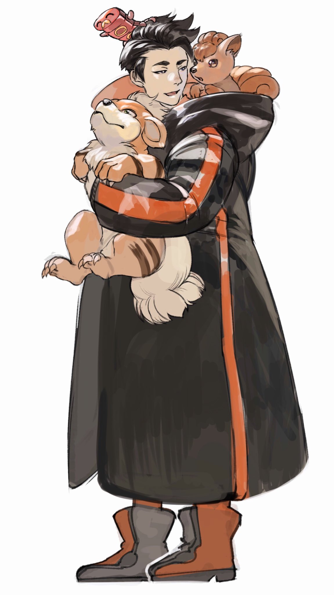 1boy black_coat black_eyes black_hair boots brown_eyes carrying claws closed_eyes commentary eye_contact full_body gen_1_pokemon gen_8_pokemon green_eyes growlithe gym_leader half-closed_eyes happy highres hood hooded_coat kabu_(pokemon) long_sleeves looking_at_another looking_up male_focus open_mouth pokemon pokemon_(creature) pokemon_(game) pokemon_swsh red_footwear red_legwear shiny shiny_hair short_hair simple_background sizzlipede smile standing tachibana_(7k_yj) vulpix white_background younger