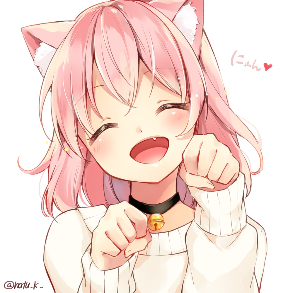 1girl animal_ears bell bell_collar blush cat_ears closed_eyes collar fang hazuki_natsu open_mouth original paw_pose pink_hair simple_background solo sweater white_background