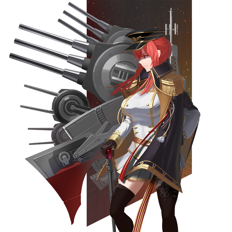 1girl ace0xii azur_lane black_cape black_headwear brown_gloves brown_legwear cannon cape epaulettes gloves hair_bun long_hair monarch_(azur_lane) pleated_skirt redhead skirt thigh-highs transparent_background uniform violet_eyes white_skirt white_uniform zettai_ryouiki