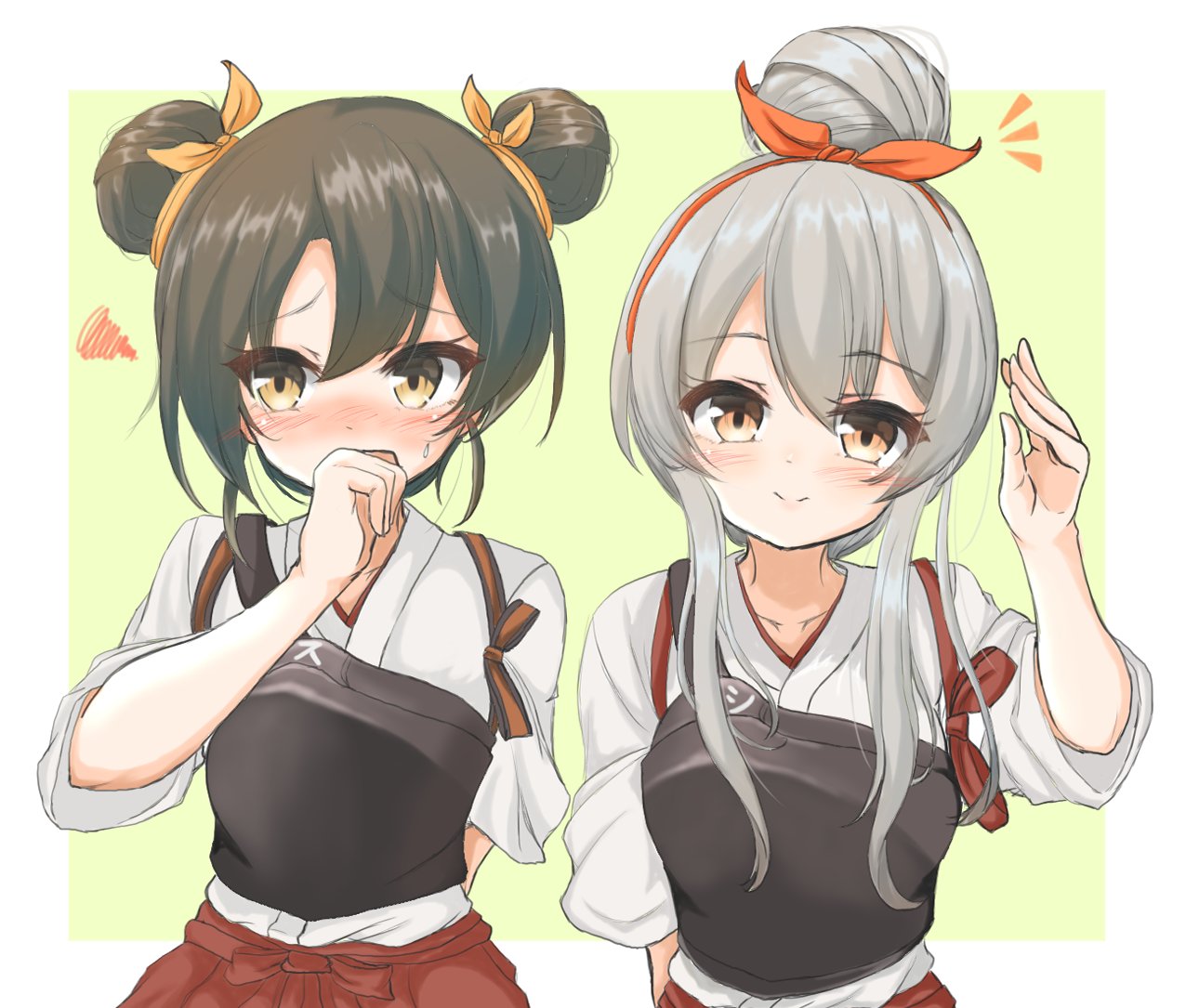 2girls alternate_hairstyle commentary_request dark_green_hair double_bun embarrassed green_background hair_bun hairband hakama hakama_skirt japanese_clothes kantai_collection kasashi_(kasasi008) long_hair looking_at_viewer looking_to_the_side multiple_girls muneate orange_hairband red_hakama red_skirt shoukaku_(kantai_collection) silver_hair skirt tasuki two-tone_background upper_body yellow_eyes zuikaku_(kantai_collection)