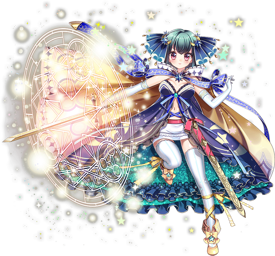 1girl blue_dress blue_ribbon cape crescent crescent_hair_ornament dress full_body green_hair hair_ornament hitsuji_chronicle holding holding_sword holding_weapon looking_at_viewer magic_circle navel official_art pandora_(hitsuji_chronicle) ribbon sheath short_hair smile solo standing standing_on_one_leg star sword thigh-highs transparent_background weapon white_legwear yellow_cape