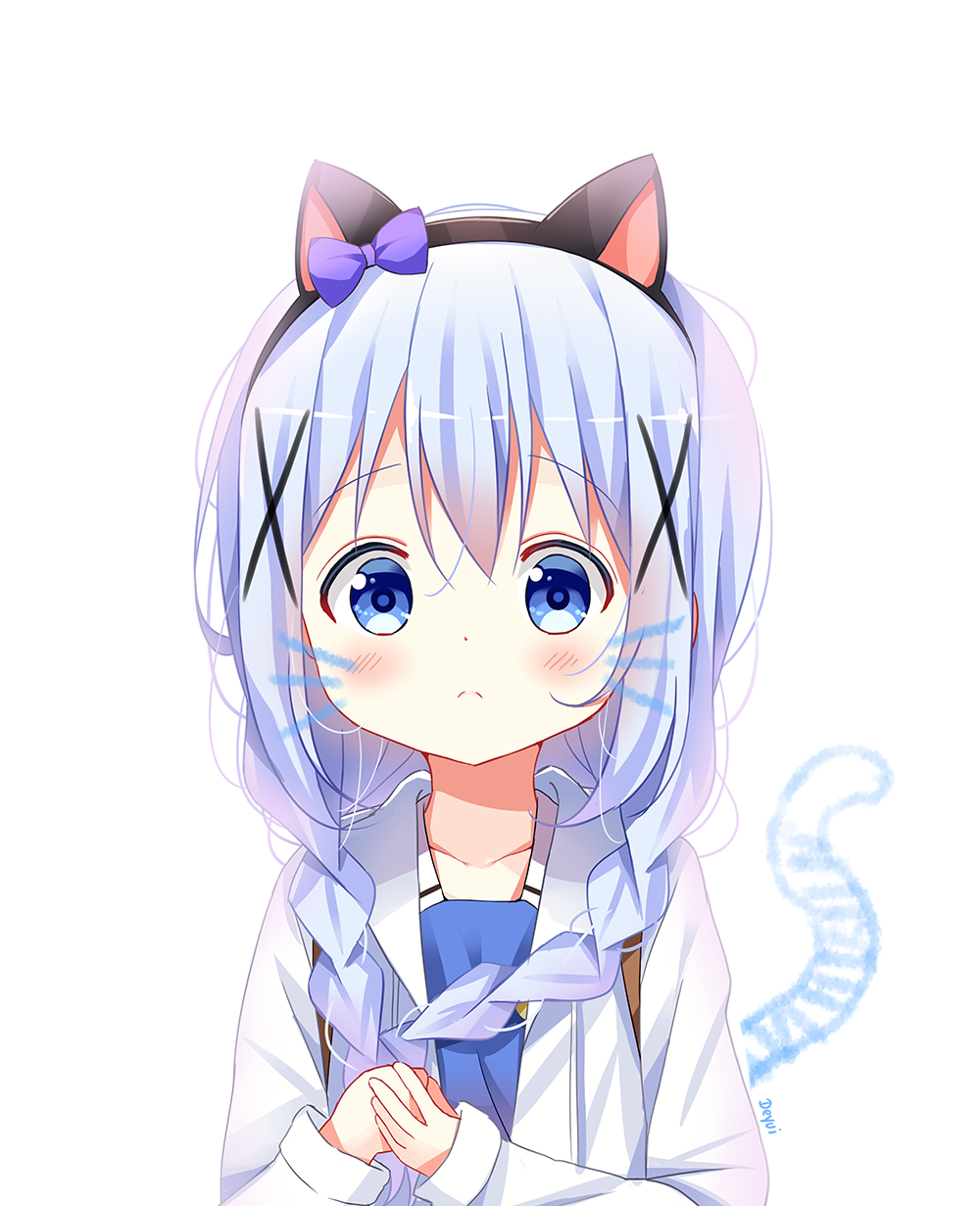 1girl animal_ears bangs black_hairband blue_dress blue_eyes blue_hair blush bow braid cat_day cat_ears closed_mouth commentary_request deyui drawn_tail dress eyebrows_visible_through_hair fake_animal_ears gochuumon_wa_usagi_desu_ka? hair_between_eyes hair_ornament hair_over_shoulder hairband hands_together highres hood hood_down hooded_jacket jacket kafuu_chino kafuu_chino's_school_uniform long_hair long_sleeves looking_at_viewer open_clothes open_jacket own_hands_together purple_bow school_uniform solo striped_tail tail twin_braids upper_body white_jacket x_hair_ornament