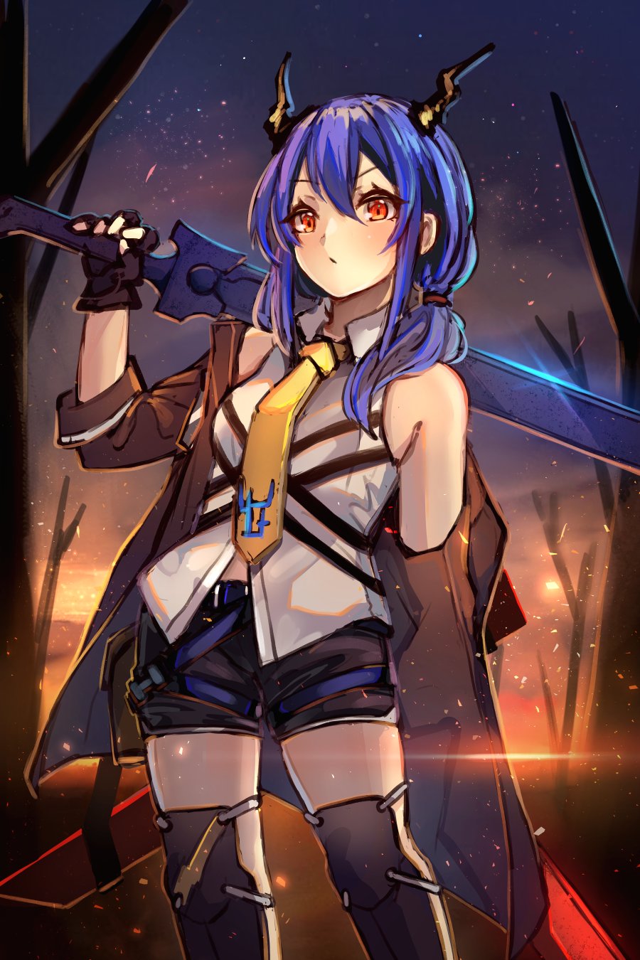 1girl arknights bangs bare_shoulders bare_tree black_gloves black_jacket black_shorts blue_hair breasts ch'en_(arknights) closed_mouth collared_shirt commentary english_commentary engrish_commentary eyebrows_visible_through_hair fingerless_gloves gloves hair_between_eyes highres holding holding_sword holding_weapon horns jacket long_hair looking_at_viewer miya_(pixiv15283026) necktie off_shoulder open_clothes open_jacket over_shoulder red_eyes shin_guards shirt short_shorts shorts sleeveless sleeveless_shirt small_breasts solo sword sword_over_shoulder tree v-shaped_eyebrows weapon weapon_over_shoulder white_shirt yellow_neckwear