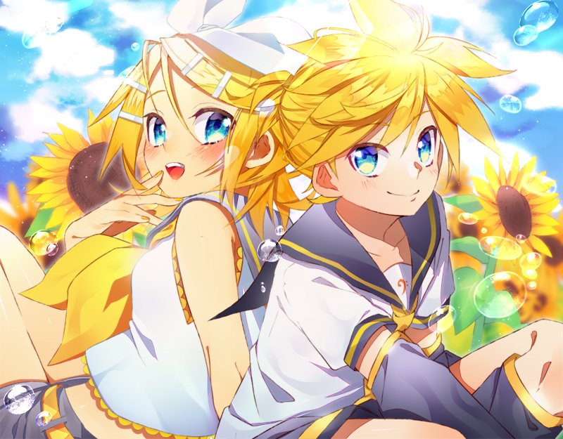 1boy 1girl bangs bare_shoulders bass_clef black_collar black_shorts blonde_hair blue_eyes bow bubble clouds cloudy_sky collar commentary crop_top day detached_sleeves field flower flower_field grey_shorts hair_bow hair_ornament hairclip hand_to_own_mouth kagamine_len kagamine_rin knees_up leg_warmers looking_at_viewer nail_polish neckerchief necktie nyaumineko open_mouth outdoors sailor_collar school_uniform shirt short_hair short_ponytail short_shorts short_sleeves shorts sitting sky smile spiky_hair sunflower swept_bangs vocaloid white_bow white_shirt yellow_nails yellow_neckwear