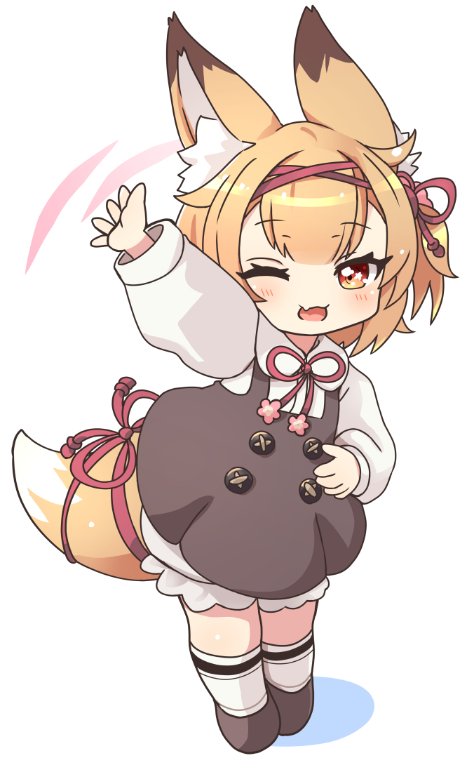 1girl ;d animal_ear_fluff animal_ears bangs beat_saber blush brown_dress brown_eyes brown_footwear brown_hair chibi collared_shirt colored_shadow dress eyebrows_visible_through_hair fang fox_ears fox_girl fox_tail gudon_(iukhzl) kneehighs koume_(beat_saber) long_sleeves looking_at_viewer neck_ribbon one_eye_closed open_mouth outstretched_arm puffy_long_sleeves puffy_sleeves red_ribbon ribbon shadow shirt shoes sleeveless sleeveless_dress smile solo standing star star_in_eye symbol_in_eye tail white_background white_legwear white_shirt