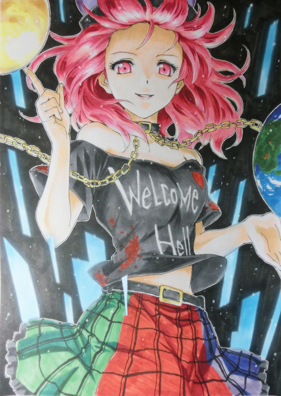 1girl bare_shoulders beluo77 black_shirt chain clothes_writing colored_pencil_(medium) earth_(ornament) floating_hair gold_chain graphite_(medium) hecatia_lapislazuli highres marker_(medium) medium_hair moon_(ornament) multicolored multicolored_clothes multicolored_skirt neck_ruff off-shoulder_shirt off_shoulder plaid plaid_skirt red_eyes redhead shirt skirt smug solo t-shirt touhou traditional_media