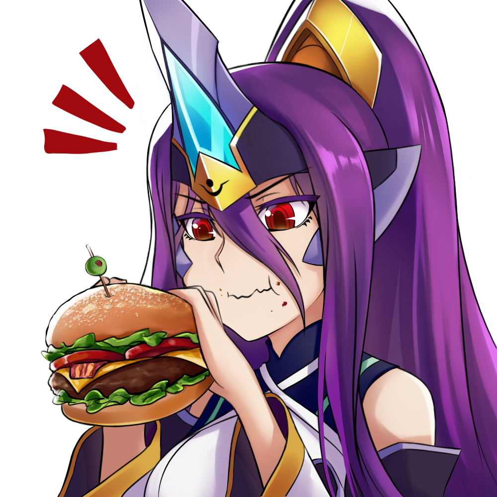 1girl backless_dress backless_outfit bare_shoulders blazblue breasts detached_sleeves dootmoon dress eating food forehead_protector hair_between_eyes hamburger hamburger_steak headgear holding holding_food horn long_hair mikado_(blazblue) olive ponytail purple_hair red_eyes sandwich small_breasts solo tomato very_long_hair