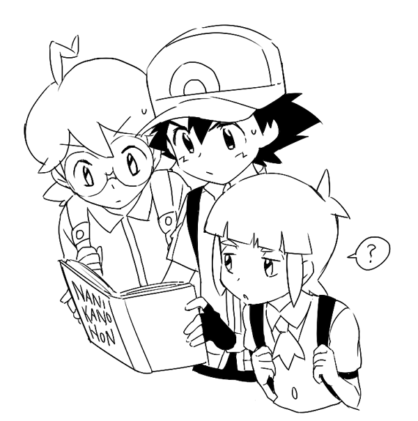 3boys ? ahoge baseball_cap black_hair blonde_hair blue_jumpsuit book citron_(pokemon) djmn_c eyebrows_visible_through_hair glasses green_hair hat lineart male_focus monochrome multiple_boys open_mouth pokemon pokemon_(anime) pokemon_xy_(anime) reading satoshi_(pokemon) shouta_(pokemon) spiky_hair sweat tagme