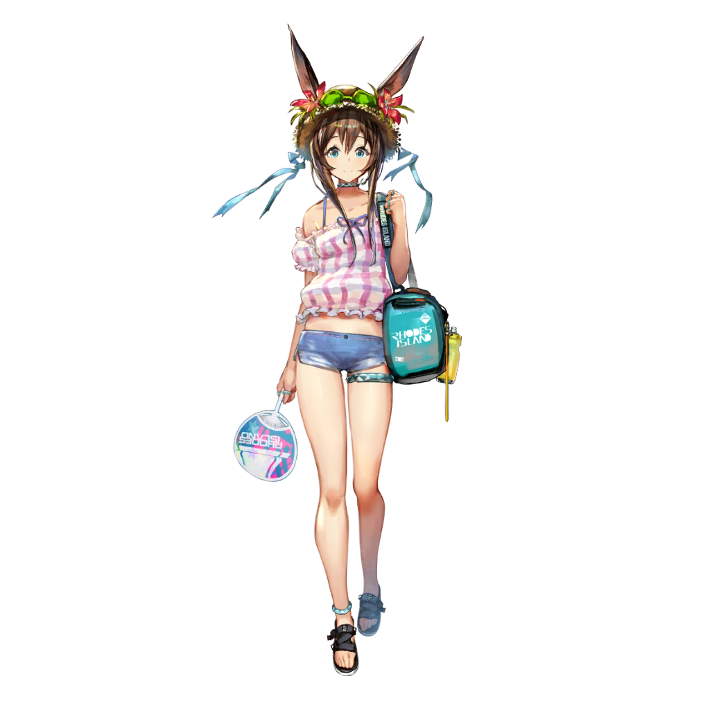 1girl amiya_(arknights) animal_ears anklet arknights bag bare_shoulders blue_eyes blue_ribbon blue_shorts brown_hair choker collarbone crop_top duffel_bag ears_through_headwear fan flower frills full_body hat hat_flower holding holding_fan jewelry long_hair looking_at_viewer midriff multiple_rings official_art pink_shirt plaid rabbit_ears ribbon ring sandals shirt short_shorts short_sleeves shorts smile solo standing straw_hat thighs transparent_background yui_(niikyouzou)